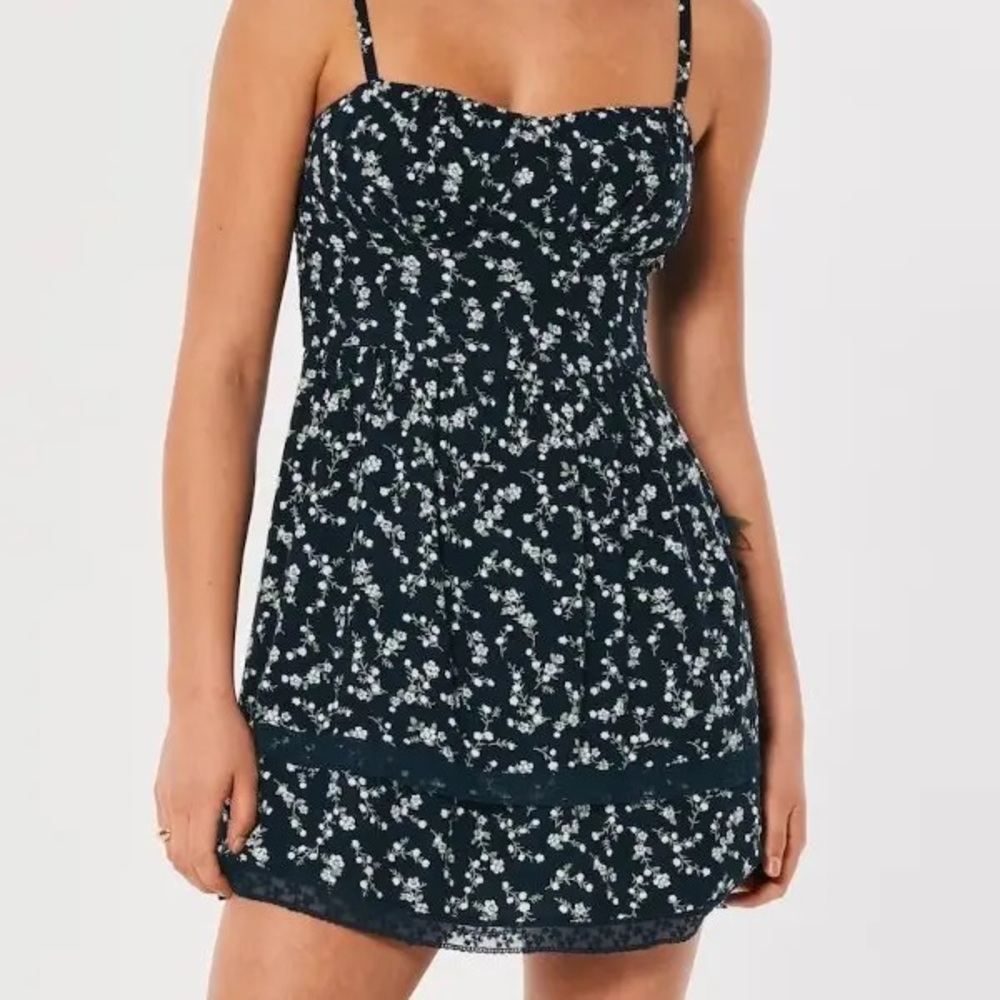 Hollister Navy Floral Double-Tier Corset Mini Dress